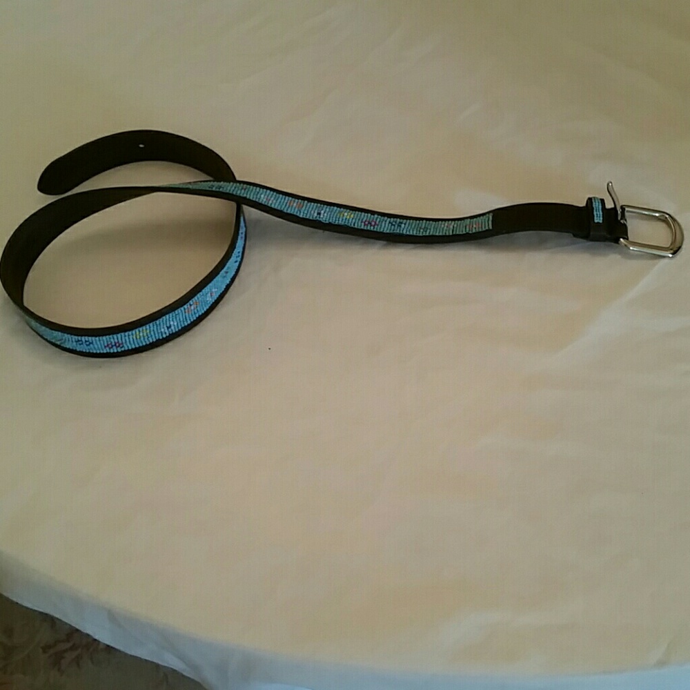 Genuine beaded brown leather skinny belt